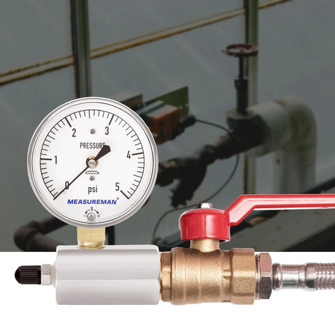 Front view of MEASUREMAN diaphragm low-pressure gauge with 2.5-inch dial, 0-5 psi, 3/4-inch FNPT, mounted on brass valve.