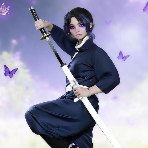 Anime character holding sword with White Katana Sword Belt Leather Holder For Demon Slayer Cosplay Dope Adjustable Sheath Holster