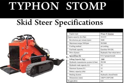 Typhon Stomp skid steer specifications with Mini Skid Steer Loader 1800 Lb Capacity With Four In One Bucket Attachment visible