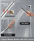 Ceiling Mount Shower System With Rain Showerhead And Handheld Spray High Pressure Chrome Finish 12 Inch Includes Rough In Valve And Trim Kit Rust Resistant SUS304 Stainless Steel With Silicone Nozzles For Easy Cleaning showing handheld spray with brass material and two spray modes.