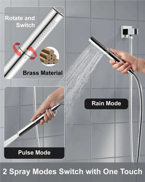 Ceiling Mount Shower System With Rain Showerhead And Handheld Spray High Pressure Chrome Finish 12 Inch Includes Rough In Valve And Trim Kit Rust Resistant SUS304 Stainless Steel With Silicone Nozzles For Easy Cleaning showing handheld spray with brass material and two spray modes.