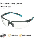 Heavy Duty Safety Glasses With Clear Polycarbonate Lenses And No Sweat Anti Fog Coating Featuring Adjustable Ratchet Temples In Gray And Blue Green For Tight Seal Coverage And Smooth Daily Grind, side view.