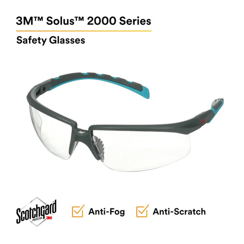 Heavy Duty Safety Glasses With Clear Polycarbonate Lenses And No Sweat Anti Fog Coating Featuring Adjustable Ratchet Temples In Gray And Blue Green For Tight Seal Coverage And Smooth Daily Grind, side view.
