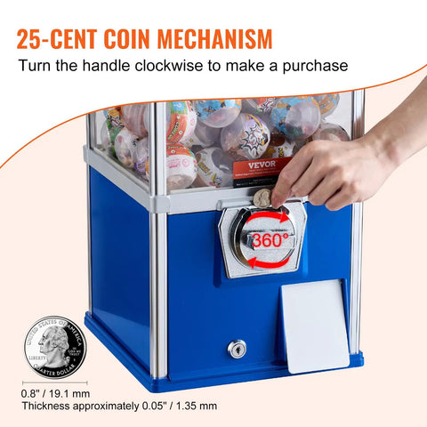 25-cent coin mechanism of Heavy Duty Coin Operated Gumball Machine For Kids with a hand inserting a coin.