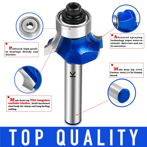 Roundover Router Bit Set One Quarter Inch Shank Carbide Tipped Two Flutes Bearing Guided CNC Woodworking Tool Pro Grade