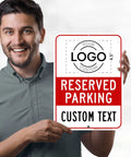 Person holding No Parking Sign For Business, Custom Reserved Parking Sign 10 By 14 Inches, Rust Free Aluminum, Weatherproof