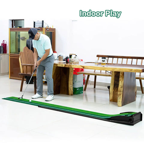 Man using Indoor Golf Putting Mat With Auto Ball Return And Extended Rail Realistic Simulation Grass For Home Office Practice
