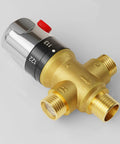 Solid brass thermostatic mixing valve with red button and adjustable controls for precise temperature regulation in plumbing systems.