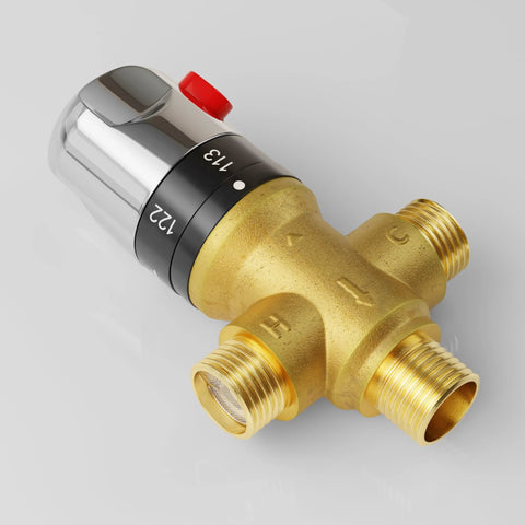 Solid brass thermostatic mixing valve with red button and adjustable controls for precise temperature regulation in plumbing systems.