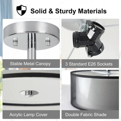 Three Light Modern Semi Flush Mount Ceiling Light With Drum Shade And Double Fabric Shade Brushed Chrome Finish Close To Ceiling Fixture For Living Room Dining Room Bedroom Hallway Entry Foyer