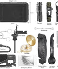 17 In 1 Emergency Survival Kit With Waterproof Storage Box All In One Gear For Camping Hiking Fishing And Hunting Outdoor Adventures Ready To Go For Men And Adventurers, including flashlight, knife, and tactical pen displayed.