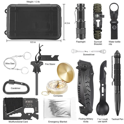 17 In 1 Emergency Survival Kit With Waterproof Storage Box All In One Gear For Camping Hiking Fishing And Hunting Outdoor Adventures Ready To Go For Men And Adventurers, including flashlight, knife, and tactical pen displayed.