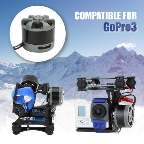 Low KV Brushless Gimbal Motor 2208 90KV with 3mm Shaft for 100-200g GoPro3 RC Quadcopter, metal core, in use on gimbal.