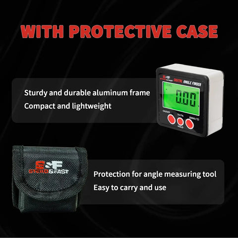 Digital Angle Finder Magnetic With Case And Backlit LCD for Table Saw Woodworking, shown with protective case and display.