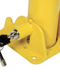 Hella Sturdy Heavy Duty Steel Fold Down Vehicle Safety Bollard With Reflective Warning Bands Lockable Top Eyelet And Wall Mount Kit For Garage Parking Protection, close-up of locking mechanism.