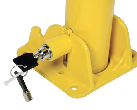 Hella Sturdy Heavy Duty Steel Fold Down Vehicle Safety Bollard With Reflective Warning Bands Lockable Top Eyelet And Wall Mount Kit For Garage Parking Protection, close-up of locking mechanism.