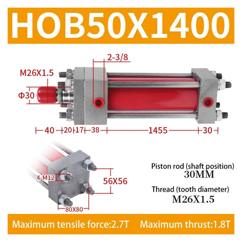 HOB50X1400 Double Way Tie Rod Heavy Duty Hydraulic Cylinder dimensions and specifications for industrial lifting and pressing