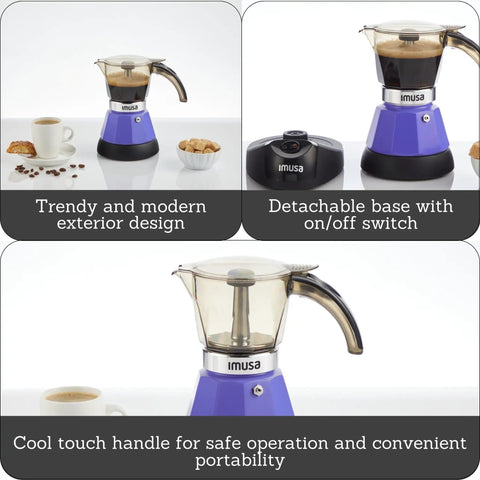 Purple Electric Espresso Maker For Two Or Three Cups Compact Home Brewer With easy brew controls auto shutoff durable cast aluminum base