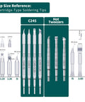 Tip size reference for Two In One Microsoldering Station With Precision Iron And Hot Tweezers, showcasing C245 cartridge soldering tips.