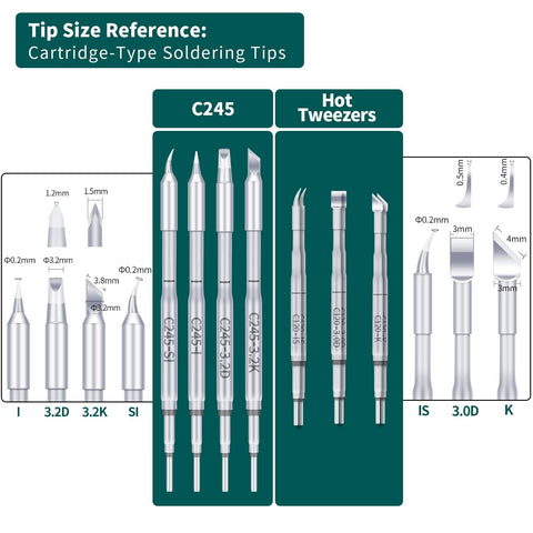 Tip size reference for Two In One Microsoldering Station With Precision Iron And Hot Tweezers, showcasing C245 cartridge soldering tips.