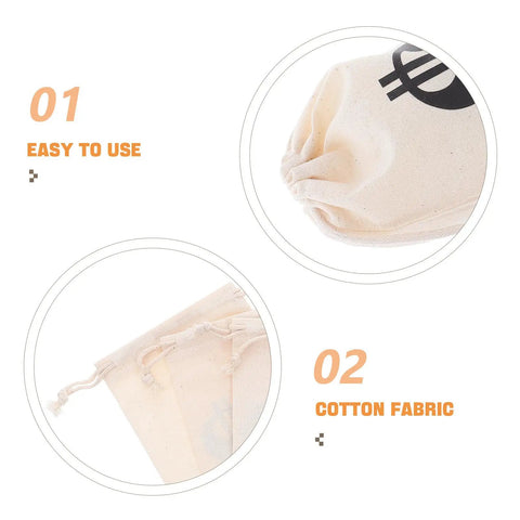 Close-up of Beige Cotton Drawstring Gift Pouches With Money Sign For Cowboy Party Decor And Birthday Party Favors, 10x15cm