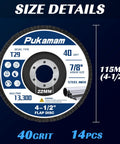 Hella Durable 14 Pack Zirconia Flap Discs 4 1/2 Inch For Angle Grinders 40 Grit 7/8 Inches Arbor showing flap disc specs.