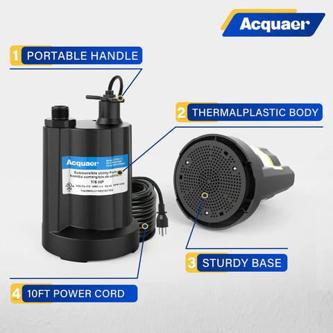 Submersible Water Pump 1/6 HP Sump Pump Thermoplastic Utility Pump Workhorse 1760 GPH with thermoplastic body and power cord