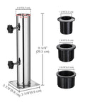 Sturdy Stainless Steel Patio Umbrella Stand With Dual Mounting Options For Deck Or Concrete Granite Surfaces Planters Or Tires, shown with dimensions and adapters.
