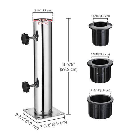 Sturdy Stainless Steel Patio Umbrella Stand With Dual Mounting Options For Deck Or Concrete Granite Surfaces Planters Or Tires, shown with dimensions and adapters.