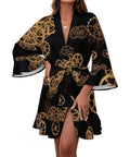 Cozy Women Long Sleeve Retro Industrial Gear Kimono Robe With Super Soft Polyester And Spandex Blend for Relaxation, featuring gold gear patterns.