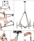 Installation steps for Bold Black 6 Light Modern Chandelier with Gold Finished Lamp Holders shown in parts and assembled.