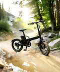Fat bike standing on a forest trail, equipped with 20 24 26 inches 4.0 fat tires, featuring 135mm disc bolt and 195mm spacing.