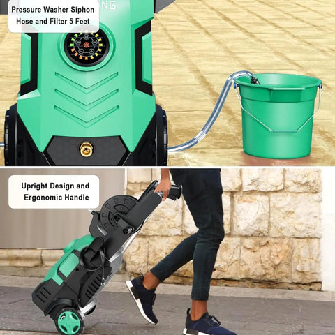 5000 PSI Electric Pressure Washer with Ergonomic Handle being wheeled, showcasing siphon hose connected to bucket