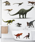 Large Size Dinosaur Wall Decals Vinyl Self Adhesive Kit in bathroom setting, featuring 10 colorful 3D dinos, size 15.7 by 31.5 inches