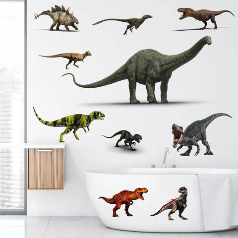 Large Size Dinosaur Wall Decals Vinyl Self Adhesive Kit in bathroom setting, featuring 10 colorful 3D dinos, size 15.7 by 31.5 inches