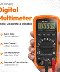 Auto Ranging Digital Multimeter For Grounding Tests On Sheets And Mats With No Guesswork Grounding Guide Carrying Case User Manual Large Backlit LCD And Easy Continuity Testing displayed in hand