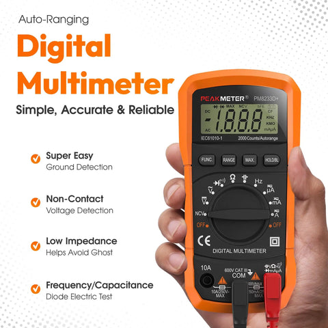 Auto Ranging Digital Multimeter For Grounding Tests On Sheets And Mats With No Guesswork Grounding Guide Carrying Case User Manual Large Backlit LCD And Easy Continuity Testing displayed in hand