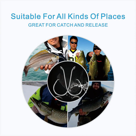 Anglers holding fish with circular image of Saltwater Circle Hooks Set 160 Pieces With 6 Sizes High Carbon Steel in the center
