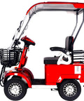 No Sweat Electric Mobility Scooter For Adults And Seniors With 28 Mile Range And 12 Mph Top Speed Hella Tough Frame For Beach Cruises Or Farm Adventures Ready To Roll Includes Quick Charger In Vivid Red viewed from the side showing basket and seat.