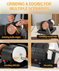 Grab And Go Cordless Mini Bench Grinder With Variable Speed Control Up To Seven Thousand RPM Dual Grinding Wheels in use on knife edges.