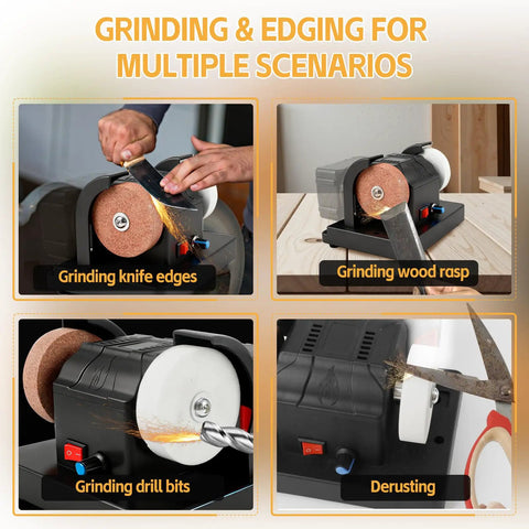 Grab And Go Cordless Mini Bench Grinder With Variable Speed Control Up To Seven Thousand RPM Dual Grinding Wheels in use on knife edges.
