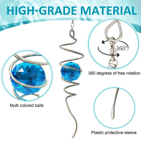 Eye-Catching Gazing Ball Spiral Tail Wind Spinner Crystal Orb With Swivel Hook Sun Catcher Rainbow Maker Hanging Decor For Yard And Garden Rotating Art Ornaments Great Gifts 13-Inch Height, blue crystal orb with stainless steel spiral tail