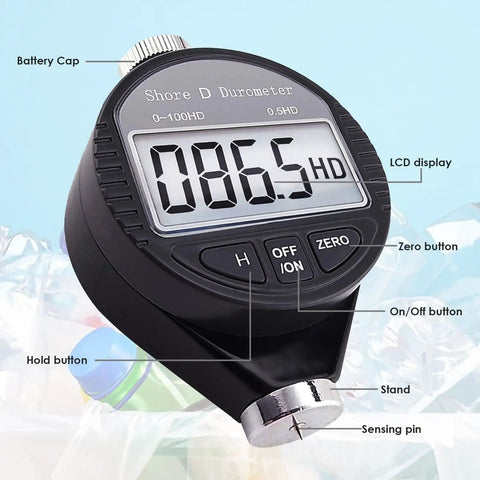 Portable Digital Durometer For D Hardness 0 To 100HD Range Pro Grade Tool For Rubber Tires Plastics Thermoplastics Flooring And Bowling Balls With Large LCD Display