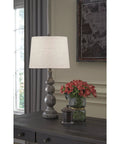 Two Pack Rustic Farmhouse Poly Table Lamps With Gray Finish And Timeworn Look, Polyresin Bases, Modified Drum Shades, Three Way Switches, Perfect For Living Room Bedroom Or Entryway Decor
