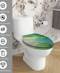 Elongated Toilet Seat Resin Bathroom displayed on a toilet, featuring a decorative green design, easy to clean and ergonomic.