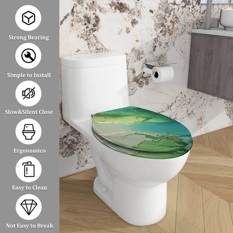 Elongated Toilet Seat Resin Bathroom displayed on a toilet, featuring a decorative green design, easy to clean and ergonomic.