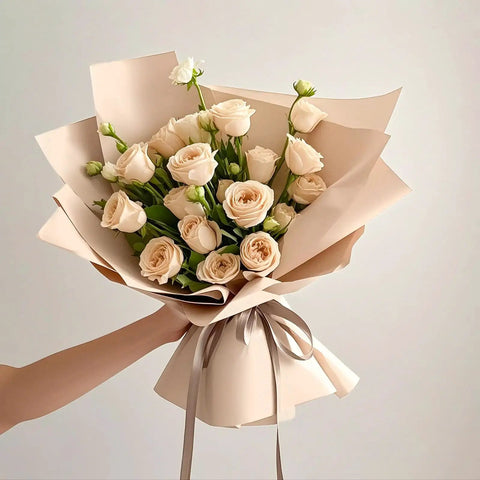 Bouquet wrapped in Cream Tea Floral Wrapping Paper Sheets 22.4x22.4 Inches Water Resistant Bouquet Gift Wrap For Weddings Birthdays And DIY