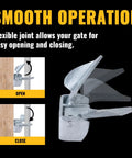 Image showing Wall Mount Butterfly Gate Latch for 1-3/8 to 1-5/8 inch frames, showing open and close positions, with smooth operation text.