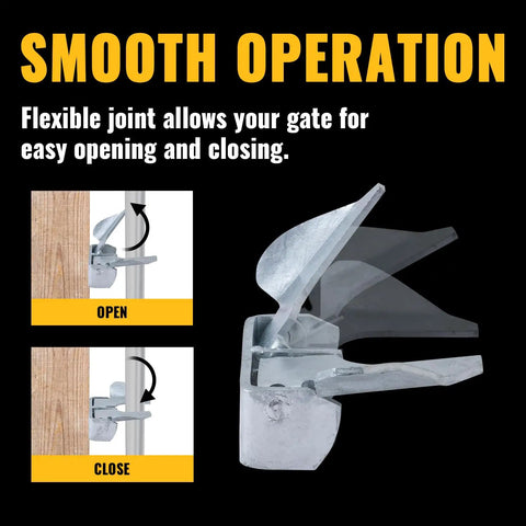 Image showing Wall Mount Butterfly Gate Latch for 1-3/8 to 1-5/8 inch frames, showing open and close positions, with smooth operation text.