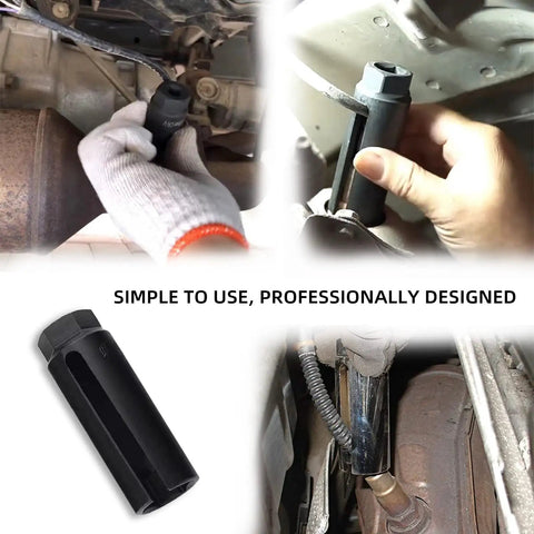 Seven Eighths Inch Offset Oxygen Sensor Socket With Side Wire Cutout 6 Point Slotted 22mm installed on vehicle engine